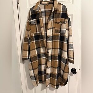 SHEIN Plaid Long Shacket in Tan, Black & Cream